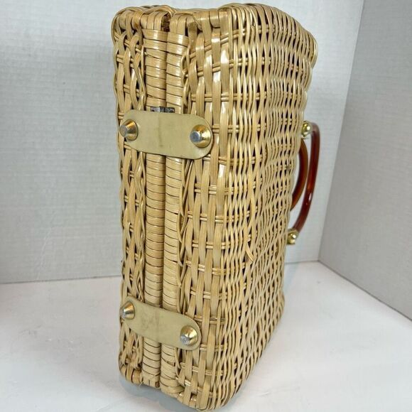 Vintage Atlas Sea Shell Tan Straw Woven Wicker PURSE Pearls Women HANDBAG BAG - Picture 7 of 13